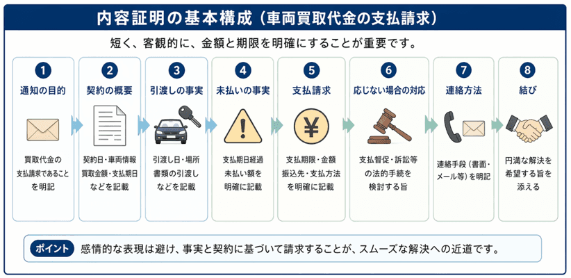 車両買取代金の支払請求に関する内容証明の基本構成｜契約・引渡し・未払い額・期限・法的手続の7要素