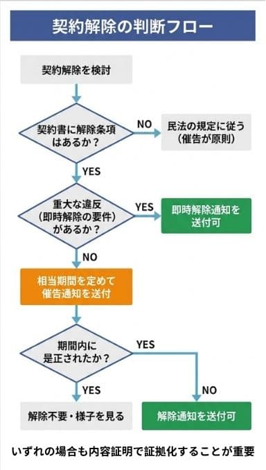 契約解除の判断フロー：即時解除と催告後解除の違いを示すフローチャート