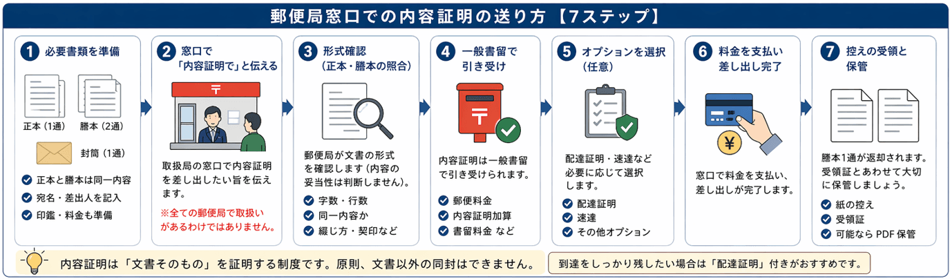 郵便局窓口で内容証明郵便を出す方法｜必要部数・差し出し手順・配達証明オプションの選び方