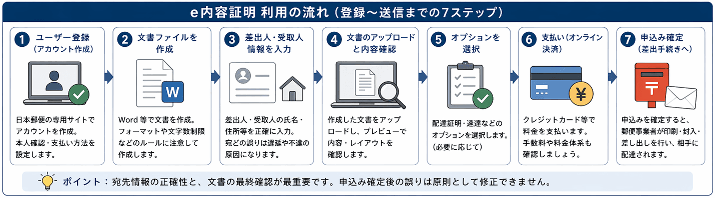e内容証明（電子内容証明）の利用から配達までの流れ｜アカウント登録・文書アップロード・申込・差し出しの手順