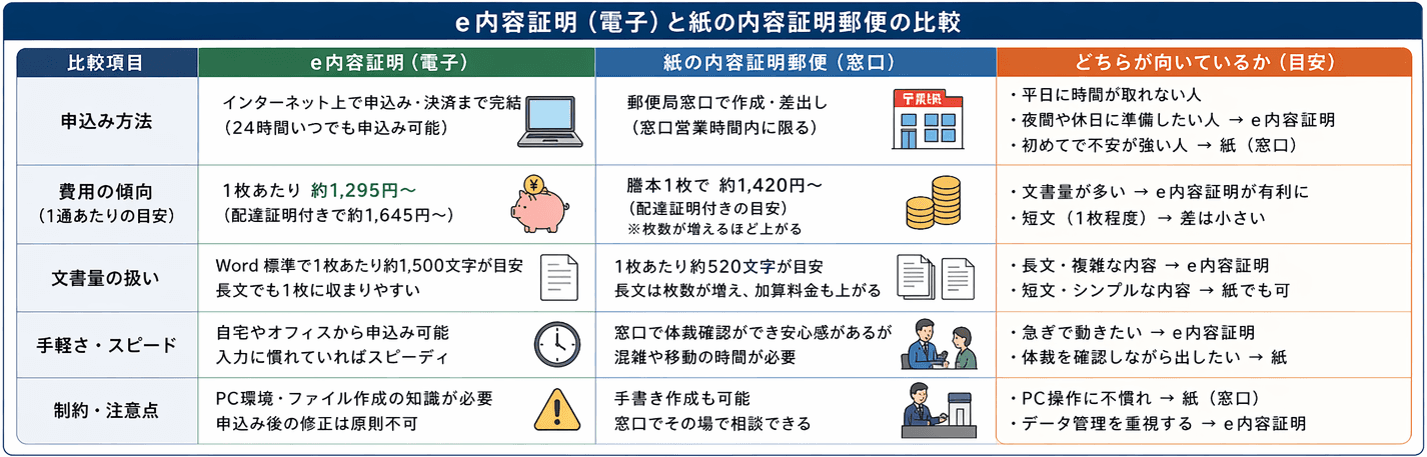 e内容証明と紙の内容証明郵便の違いを比較｜コスト・手続き方法・利便性・どちらを選ぶべきかのポイント