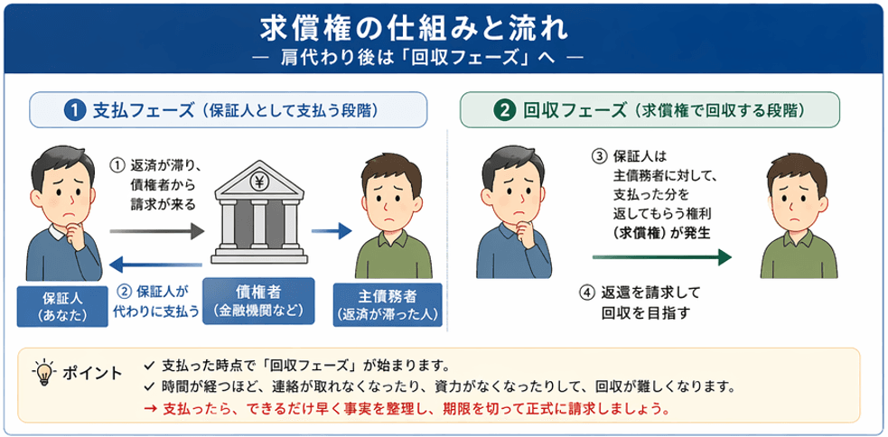 求償権の仕組みと請求の流れ｜保証人が肩代わり後に内容証明で回収フェーズへ進むステップ