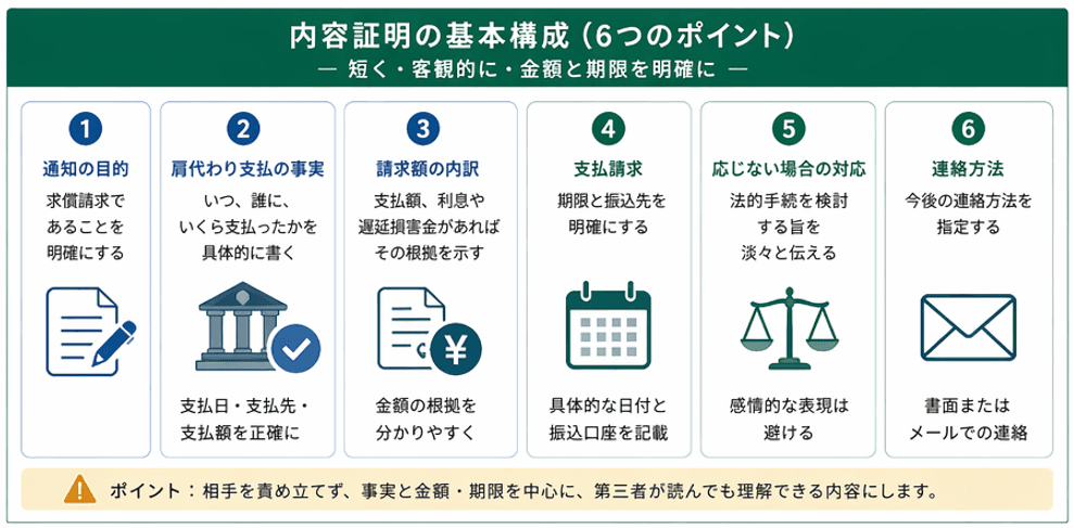 求償請求の内容証明郵便の基本構成｜肩代わり後に主債務者へ送る通知書の6つの要素