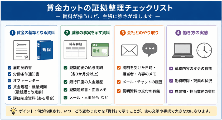 不当な賃金カット対応の証拠整理ポイント｜内容証明郵便を送る前に揃えるべき資料一覧