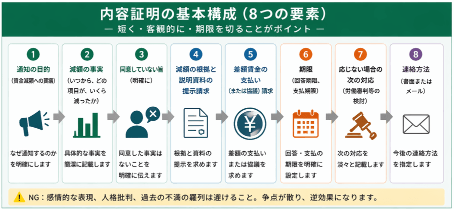 賃金カットの内容証明に盛り込む8つの基本構成｜同意なし・差額請求・期限設定まで