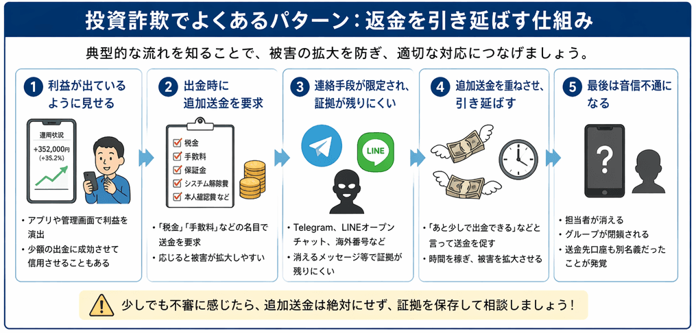 投資詐欺のよくあるパターンと返金引き延ばしの流れ｜内容証明で返金請求する前に知っておくべき手口