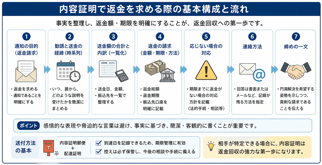 投資詐欺の返金請求に関する内容証明の基本構成｜送金経緯・返金額・期限・次の対応を整理する6つの要素