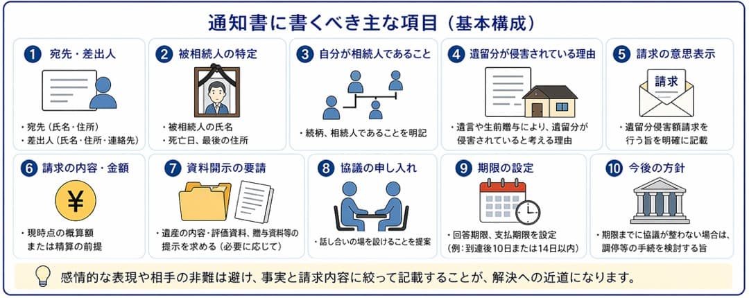 遺留分侵害額請求の内容証明通知書に書くべき主な項目｜基本構成と必須記載事項の解説