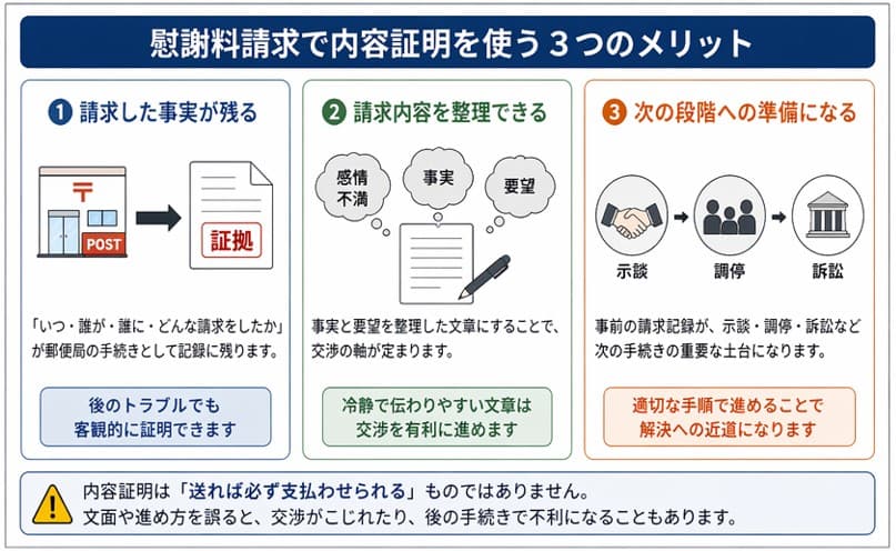 慰謝料請求で内容証明を使う3つのメリット｜請求事実の証拠化・事実整理による交渉軸の確立・示談調停訴訟への準備