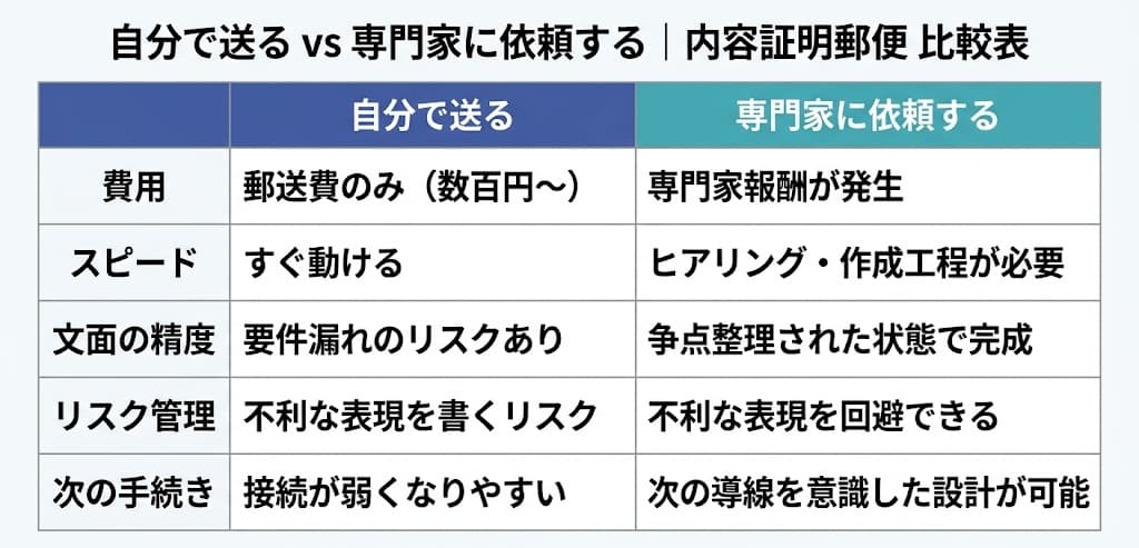 内容証明を自分で送る場合と専門家に依頼する場合の比較図
