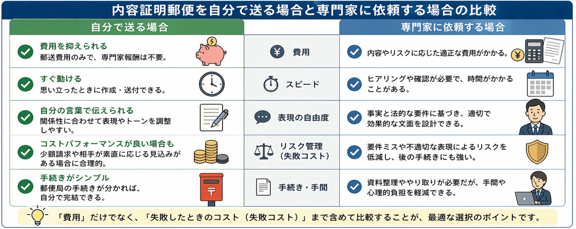 内容証明郵便を自分で送る場合と専門家に依頼した方がよいケースの比較｜判断基準と失敗コストの考え方