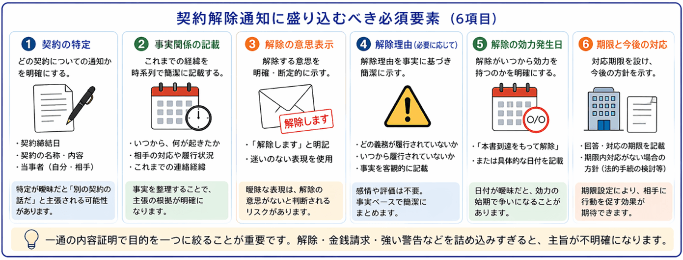 契約解除の内容証明通知に盛り込むべき要素｜契約の特定・解除意思の明確化・解除理由・効力発生日