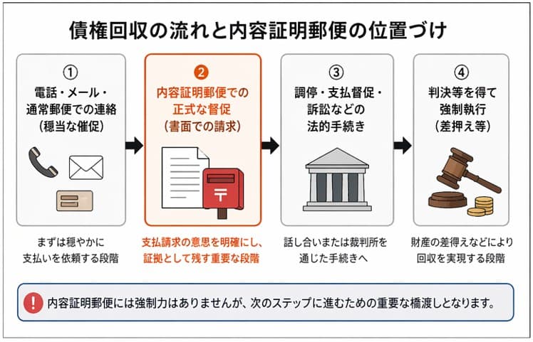債権回収の流れと内容証明郵便の位置づけ｜電話催促から内容証明督促・法的手続き・強制執行までの段階図