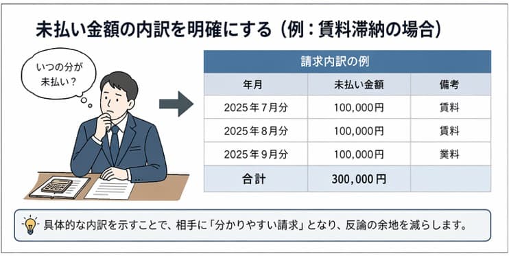 内容証明による債権回収督促状での未払い金額内訳の明記例｜賃料滞納の場合の月別内訳と請求金額の特定方法