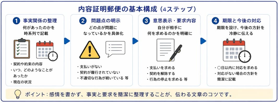 内容証明郵便の基本構成4ステップ｜事実整理・問題点明示・意思表示と請求内容・期限と対応方針の書き方フロー
