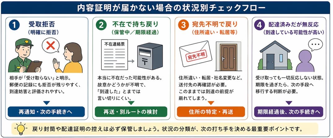 内容証明が届かない場合の状況別チェックフロー｜受取拒否・不在持ち戻り・宛先不明・配達済み無反応の4類型と実務上の評価