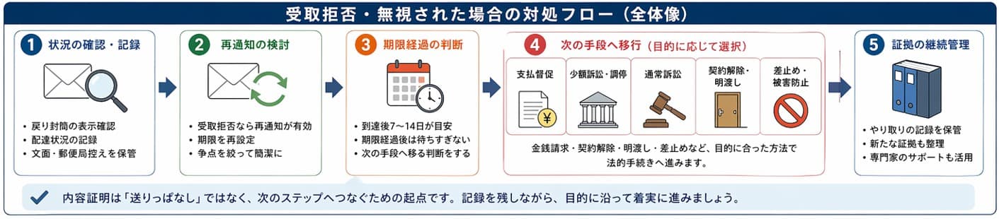 内容証明の受取拒否・無視された場合の対処フロー全体像｜次の打ち手を状況別に整理した図解
