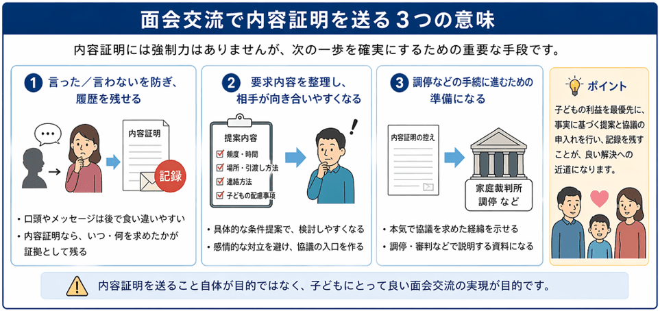 面会交流で内容証明郵便を送る3つの理由｜記録として残す・整理して相手に伝える・調停準備につなげる