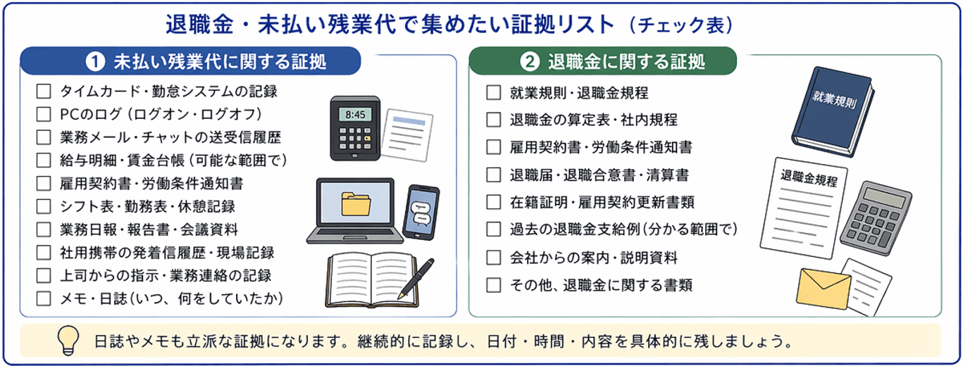 退職金・未払い残業代の内容証明郵便送付前に集めたい証拠リスト｜タイムカード・給与明細・就業規則・退職金規程など