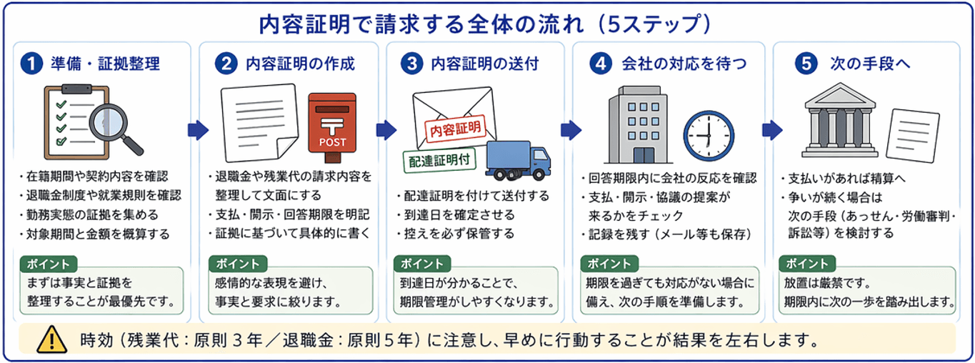 退職金・未払い残業代を内容証明郵便で請求する全体の流れ｜証拠整理・文面作成・送付・回答確認から次の対応までのステップ