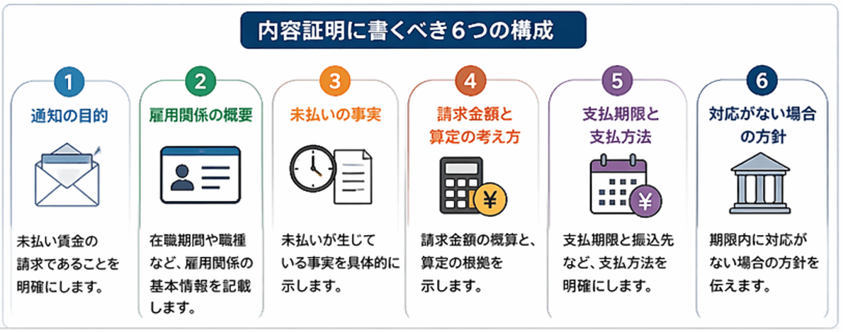 未払い給与・残業代の内容証明郵便に書くべき6つの構成｜通知目的・雇用概要・未払い事実・請求金額・支払期限・対応方針