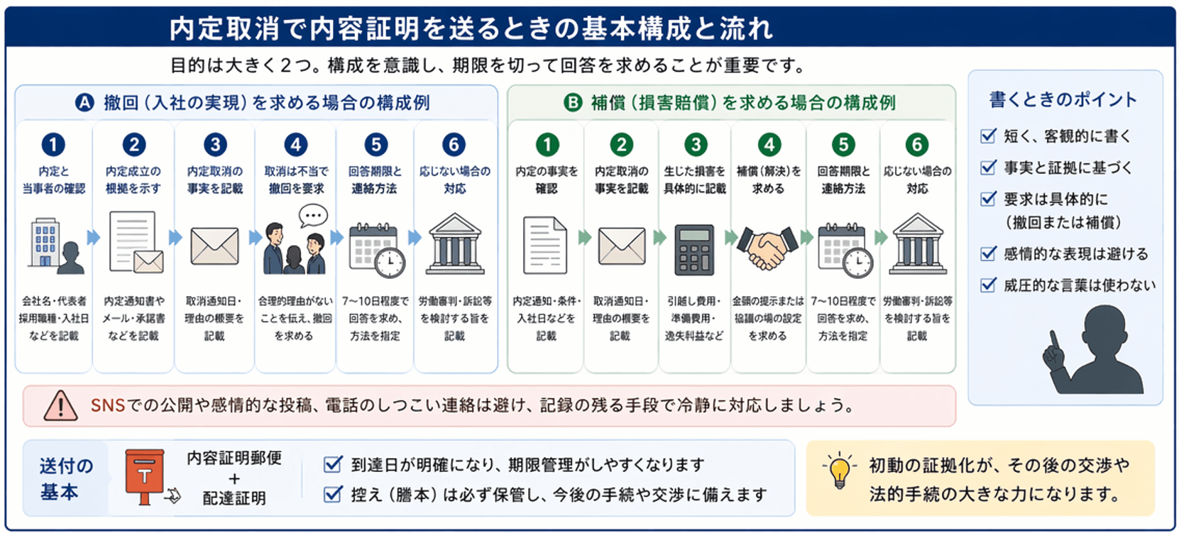 内定取り消しに対する内容証明郵便の基本構成と流れ｜記載順・要求内容・期限設定のポイント