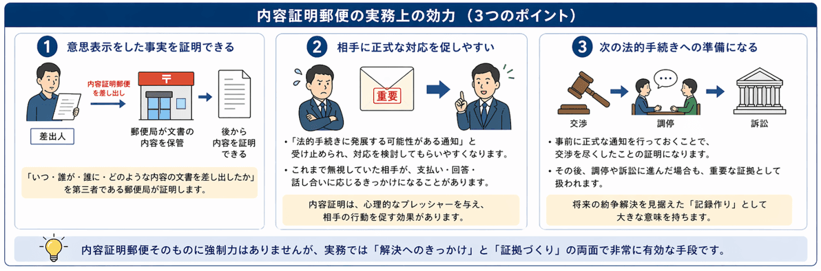 内容証明郵便の実務上の効力まとめ｜証拠として残る・相手の対応を促す・法的手続きへの準備