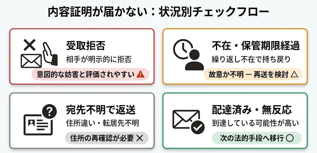 内容証明が届かない場合の状況別チェックフロー：受取拒否・不在持ち戻り・宛先不明・配達済み無反応の4類型