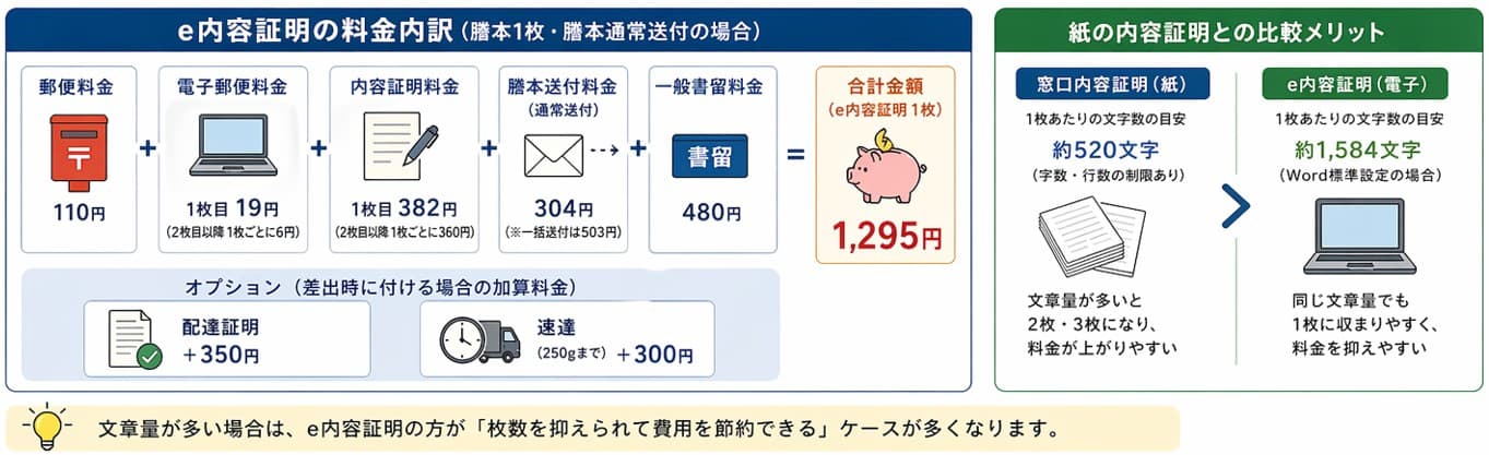 e内容証明の料金内訳表｜謄本1枚・謄本通常送付の場合の内容証明費用