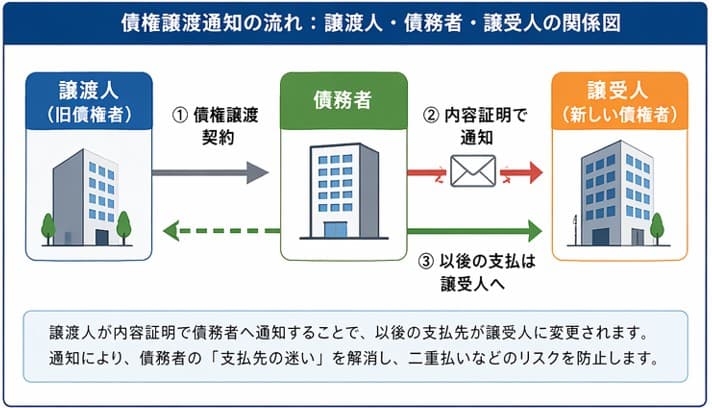 債権譲渡通知の流れ図｜内容証明で譲渡人から債務者に通知し支払先を譲受人へ変更する関係図