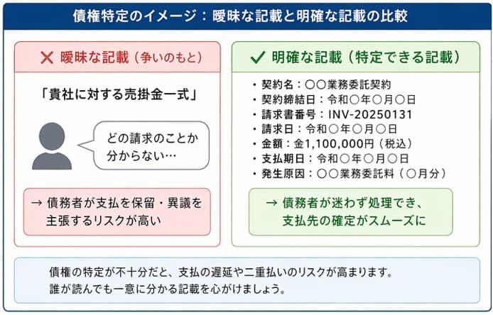 債権特定の記載比較｜内容証明による債権譲渡通知での曖昧な記載と明確な記載の違いを示すイメージ図