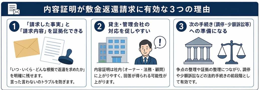 内容証明が敷金返還請求に有効な3つの理由｜証拠化・貸主対応の促進・少額訴訟等の法的手続き準備