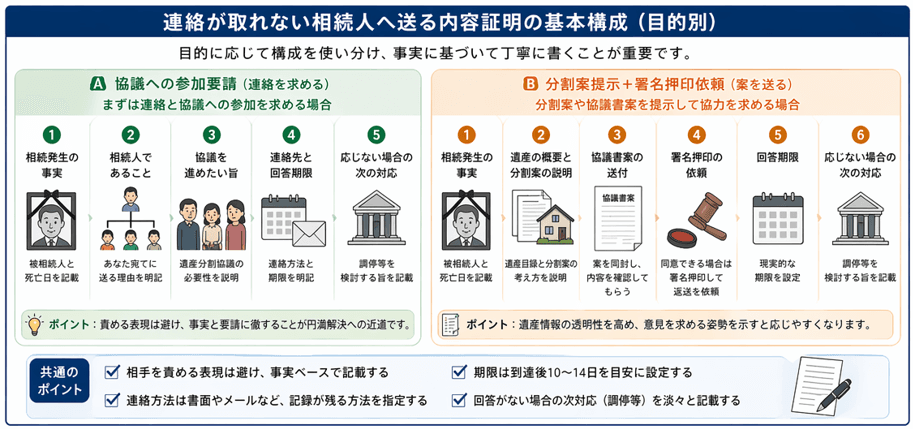 連絡が取れない相続人へ送る内容証明の基本構成｜相続発生・協議要請・回答期限・調停への移行を整理する5つの要素