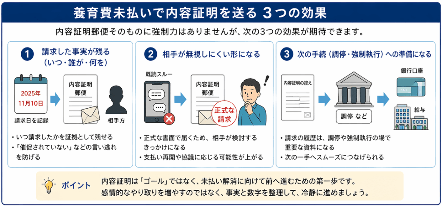 養育費未払いで内容証明を送る3つの効果｜請求の証拠化・相手への抑止・次の法的手続への準備