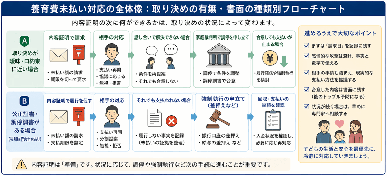 養育費未払い対応の全体像｜内容証明から調停・強制執行まで取り決め形式別の対応フロー