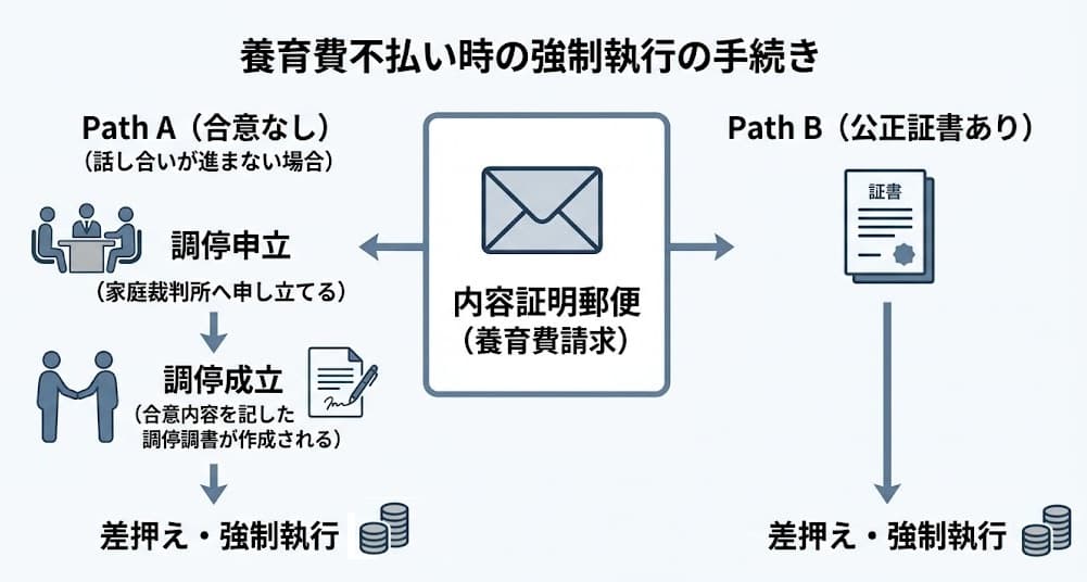 養育費未払い対応の全体像：取り決めの有無・書面の種類別フローチャート