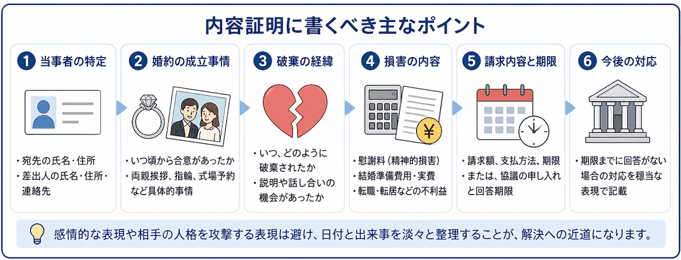 婚約破棄の慰謝料請求で内容証明に書くべき主なポイント|婚約成立の事情・破棄の経緯・損害の内容と請求額