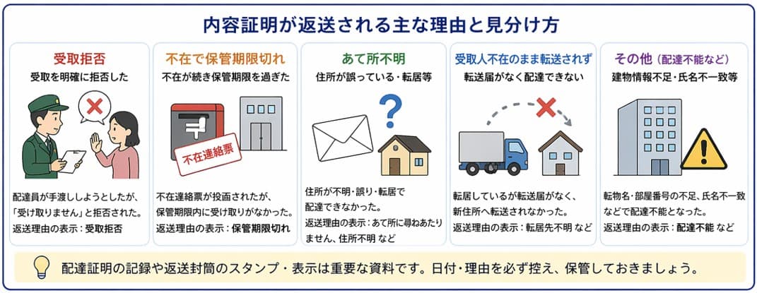 内容証明郵便が返送される主な理由と見分け方|受取拒否・保管期限切れ・あて所不明の違いと確認ポイント