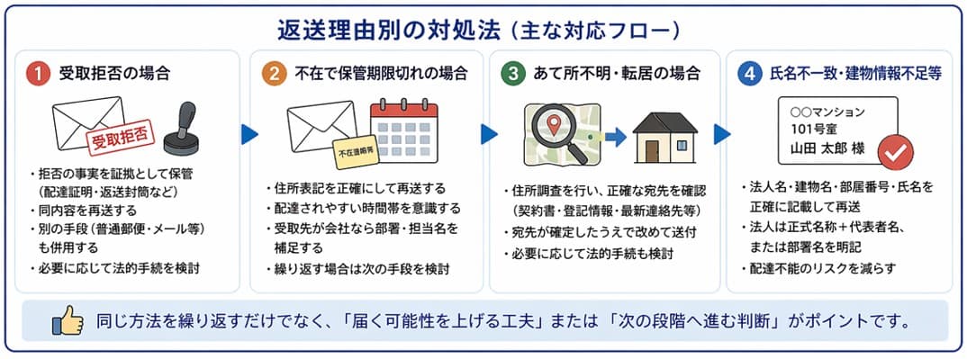 内容証明郵便が返送された場合の返送理由別対処法と主な対応フロー|受取拒否・不在・あて所不明ケースの実務対応