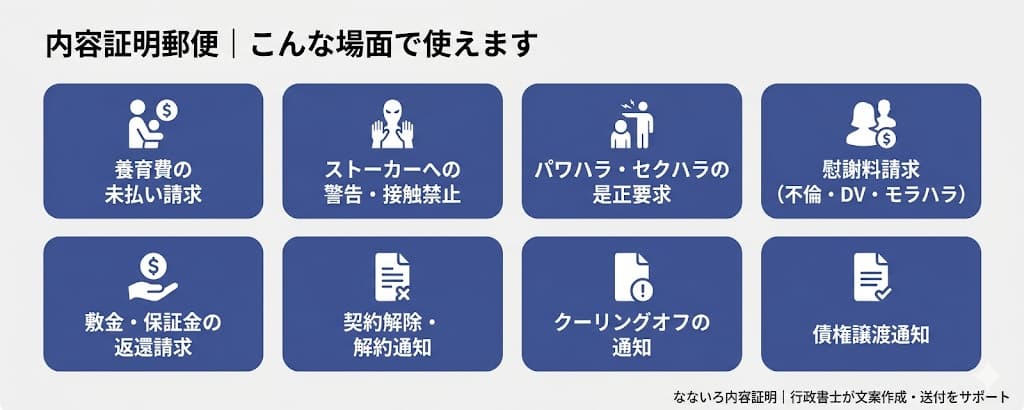 内容証明郵便が使える場面一覧|養育費・ストーカー・パワハラ・慰謝料など8つの用途