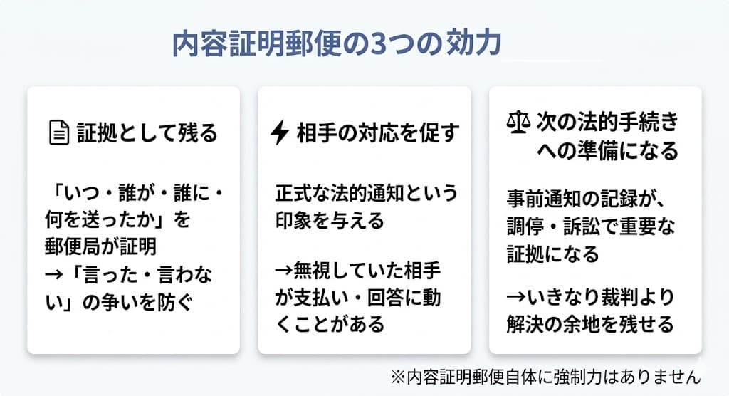 内容証明郵便の3つの実務効力:証拠として残る・相手の対応を促す・次の法的手続きへの準備になる