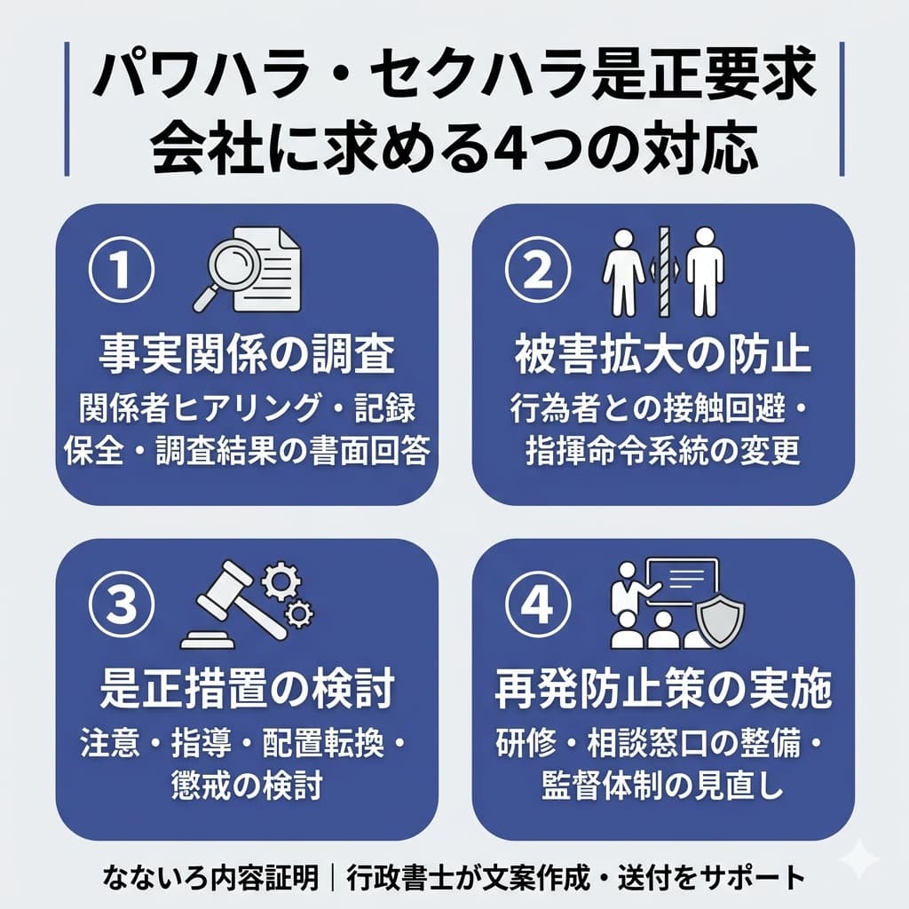 パワハラ・セクハラ是正要求で会社に求める4つの対応|調査・安全配慮・是正・再発防止