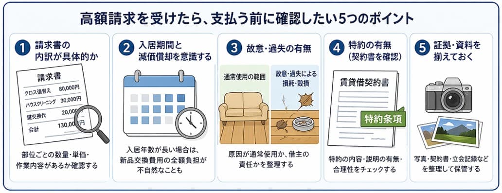 退去時の原状回復で高額請求を受けたら支払う前に確認したい5つのポイント|内容証明で反論する前のチェックリスト