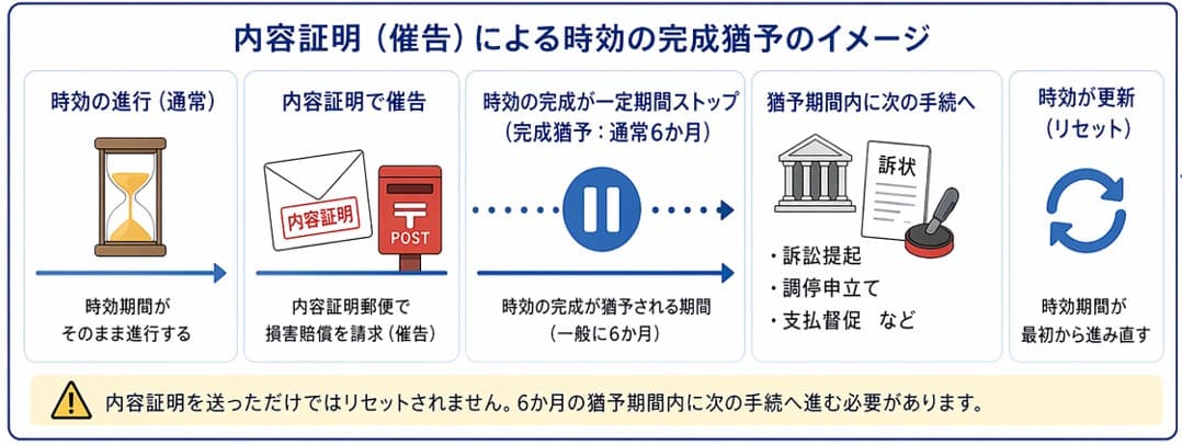 交通事故の損害賠償請求で内容証明郵便(催告)を使った時効の完成猶予のイメージ|6か月の猶予期間と次の手続の関係