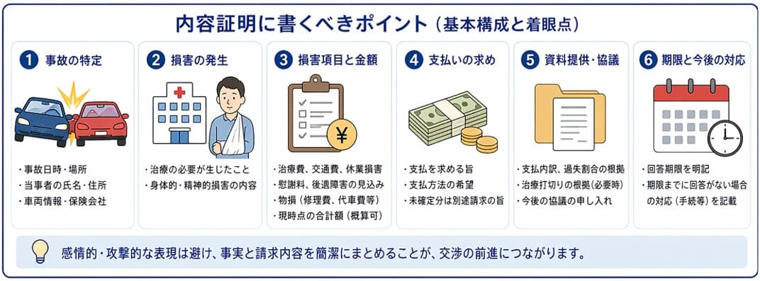 交通事故の損害賠償請求で送る内容証明に書くべきポイントと基本構成|催告としての着眼点と損害項目の整理方法